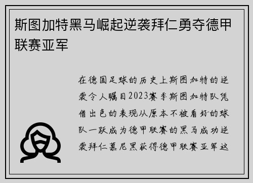 斯图加特黑马崛起逆袭拜仁勇夺德甲联赛亚军 斯图加特黑马崛起逆袭拜仁勇夺德甲联赛亚军
