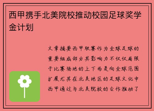 西甲携手北美院校推动校园足球奖学金计划 西甲携手北美院校推动校园足球奖学金计划
